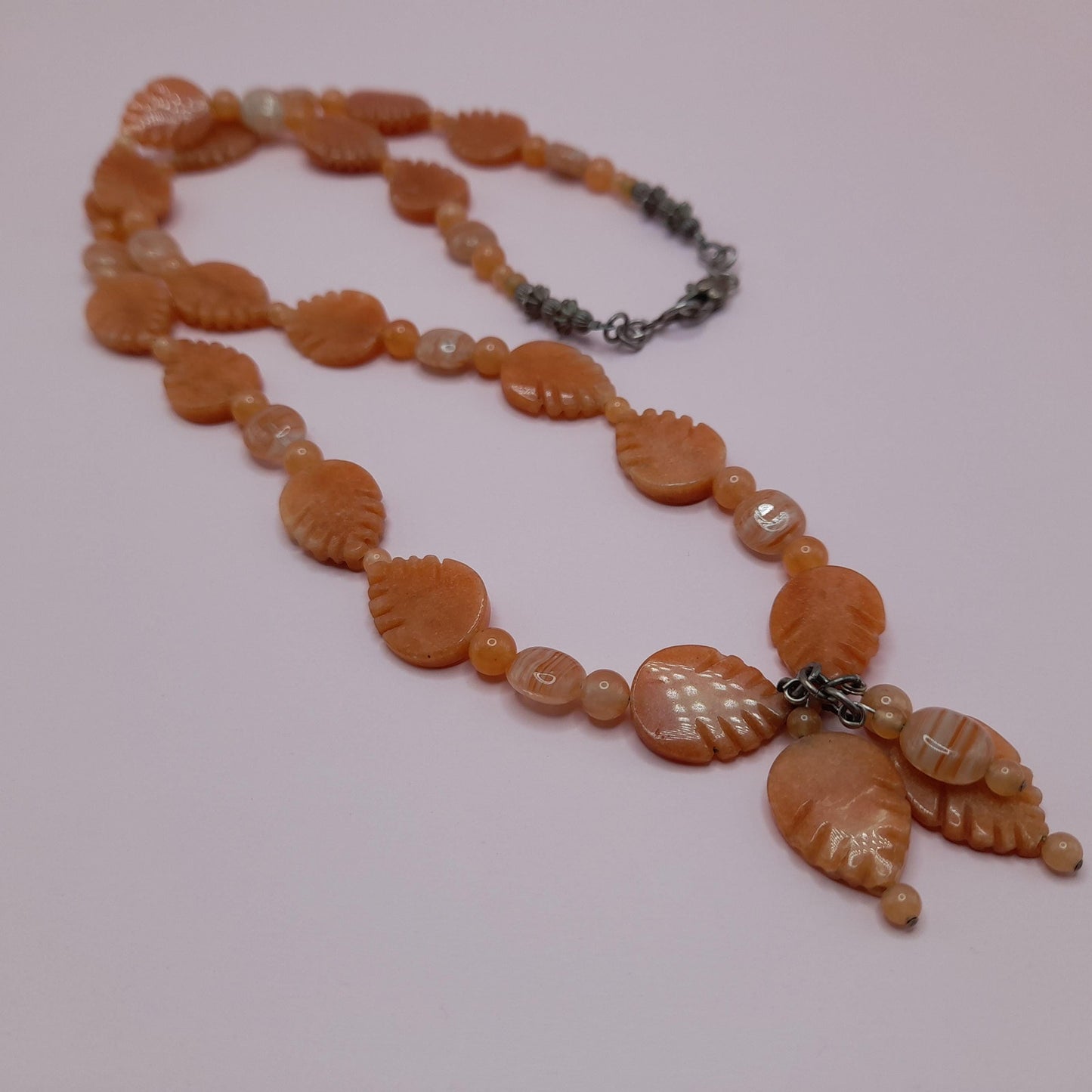 Vintage Carnelian Leaf Necklace, Gemstone Tassel Necklace, 27 Inches, Three Dangles