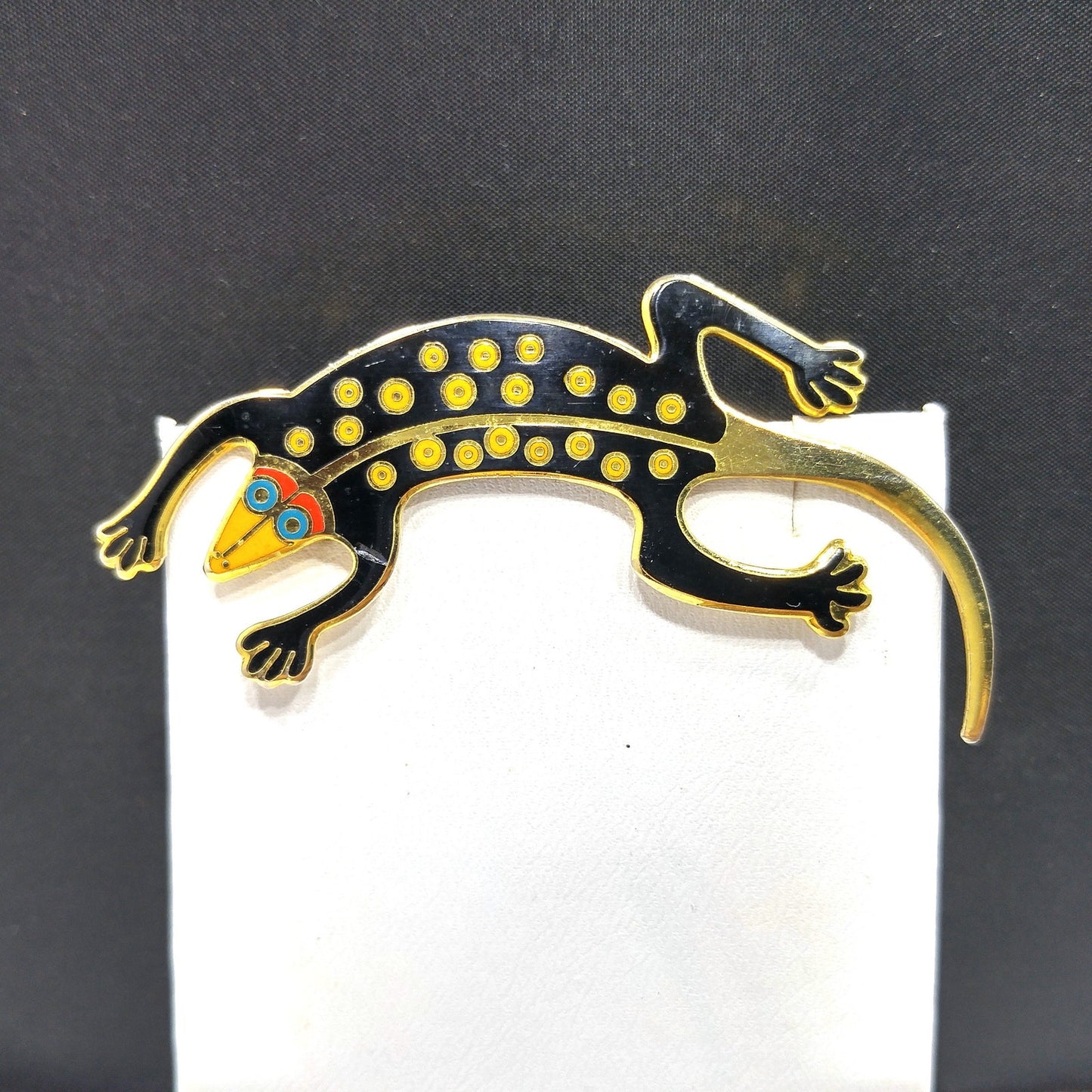Laurel Burch Black "Lizard" Brooch, Gold Plated Cloisonne, 1980s Vintage Jewelry