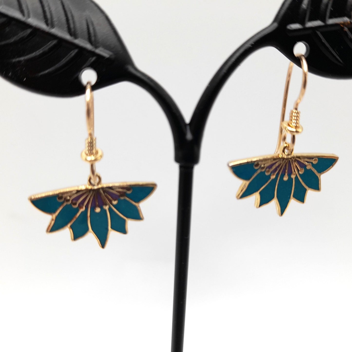 Vintage Laurel Burch Floral Earrings, Gold Plated, Teal Green Enamel