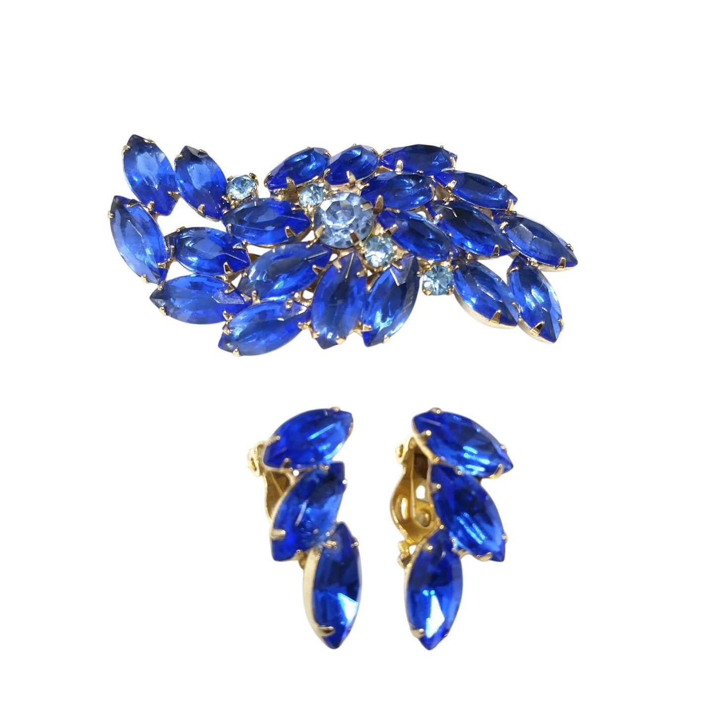 Vintage Royal Light Blue Rhinestone Brooch Earring Set, Gold Plated, 1960s Vintage Jewelry