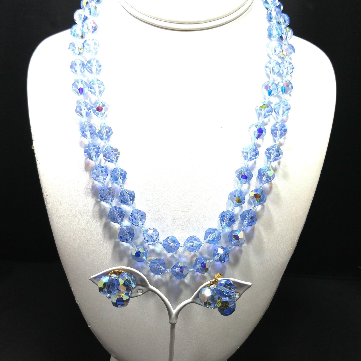 Light Blue Crystal Necklace Clip Earrings Set, Aurora Borealis, 1960s Vintage Jewelry
