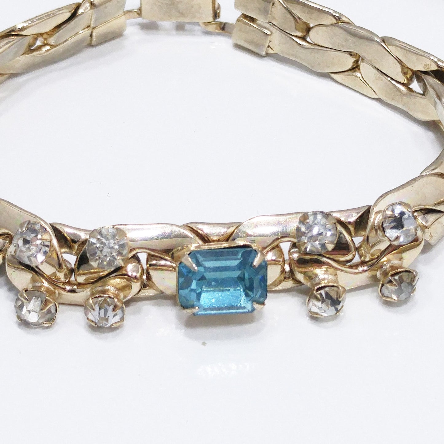 Vintage Gold Tone Chain Rhinestone Necklace & Bracelet Set, Sky Blue