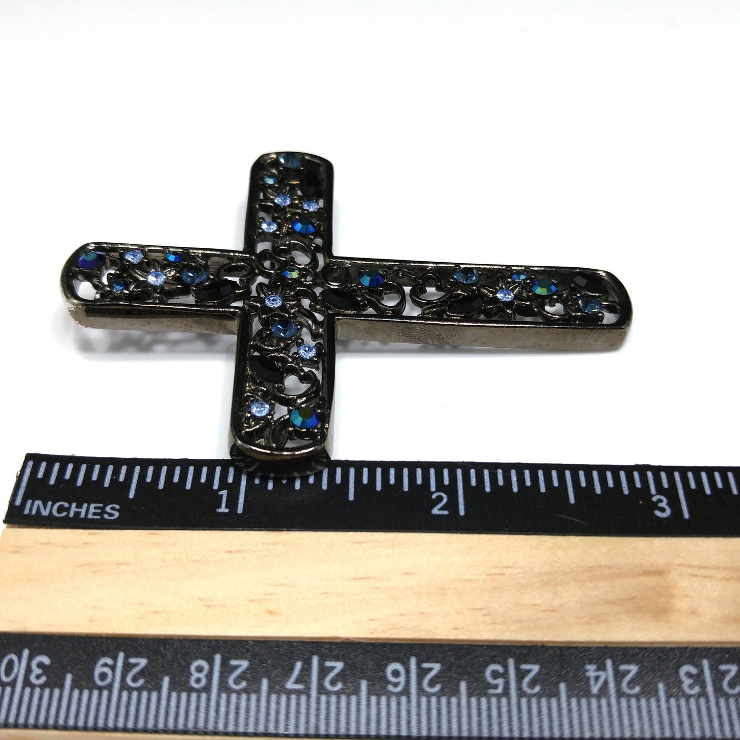 Givenchy Large Cross Brooch, Aurora Borealis Blue Rhinestones, 1990s Vintage Jewelry