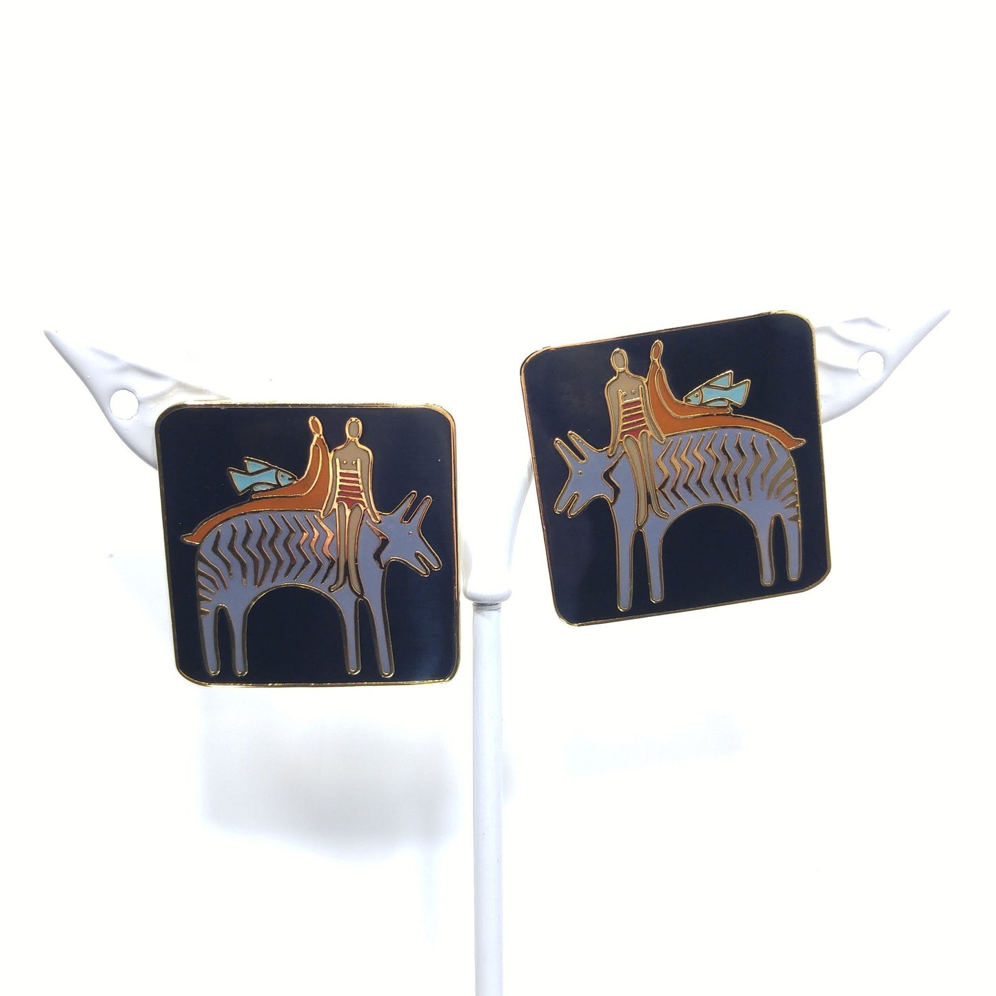 Laurel Burch "Fantasy Friends" Post Earrings, Gold Plated, 1980s Vintage Jewelry
