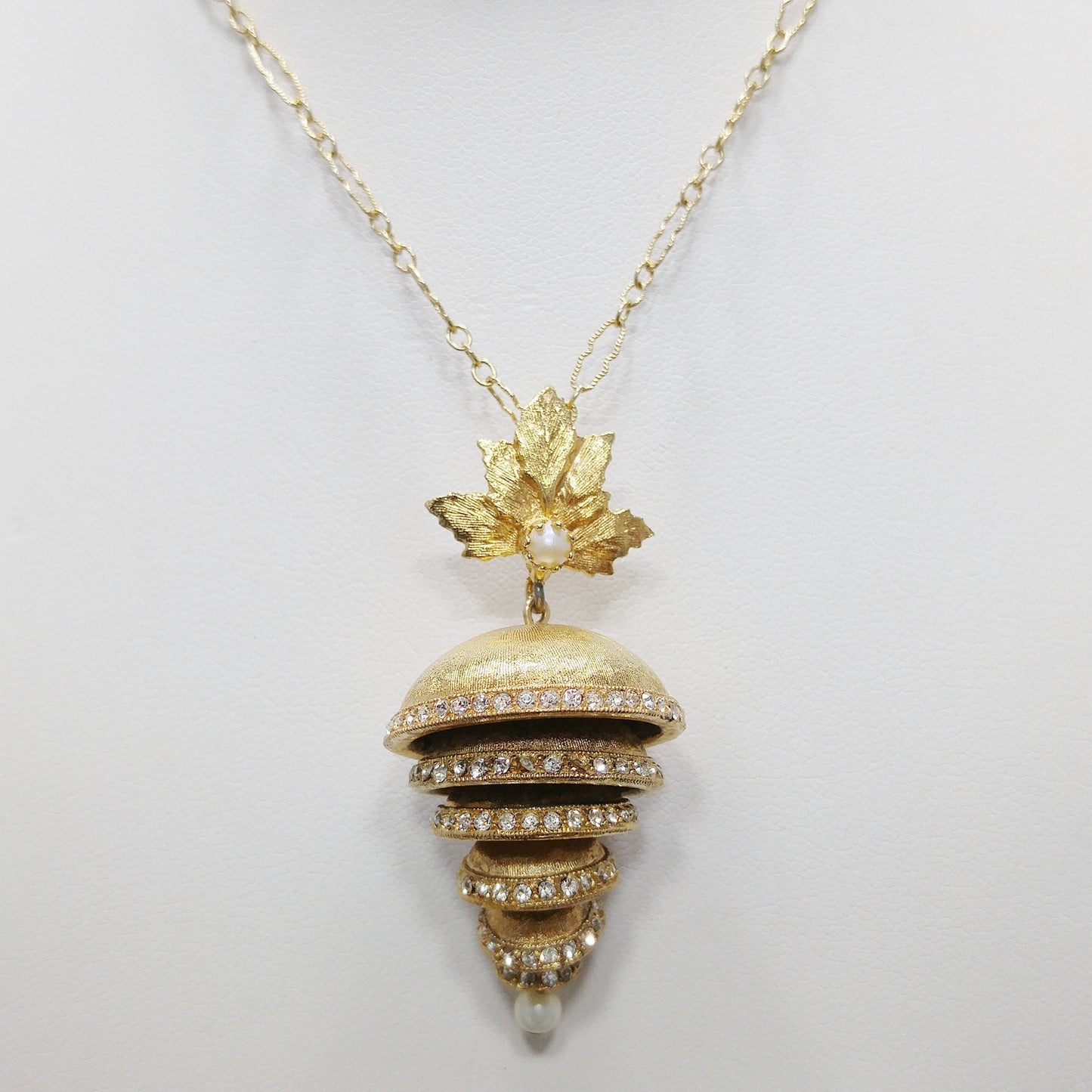 Vendome Articulated Floral Pendant Necklace & Earrings, Pave Rhinestones, Faux Pearls, 1960s Vintage Jewelry