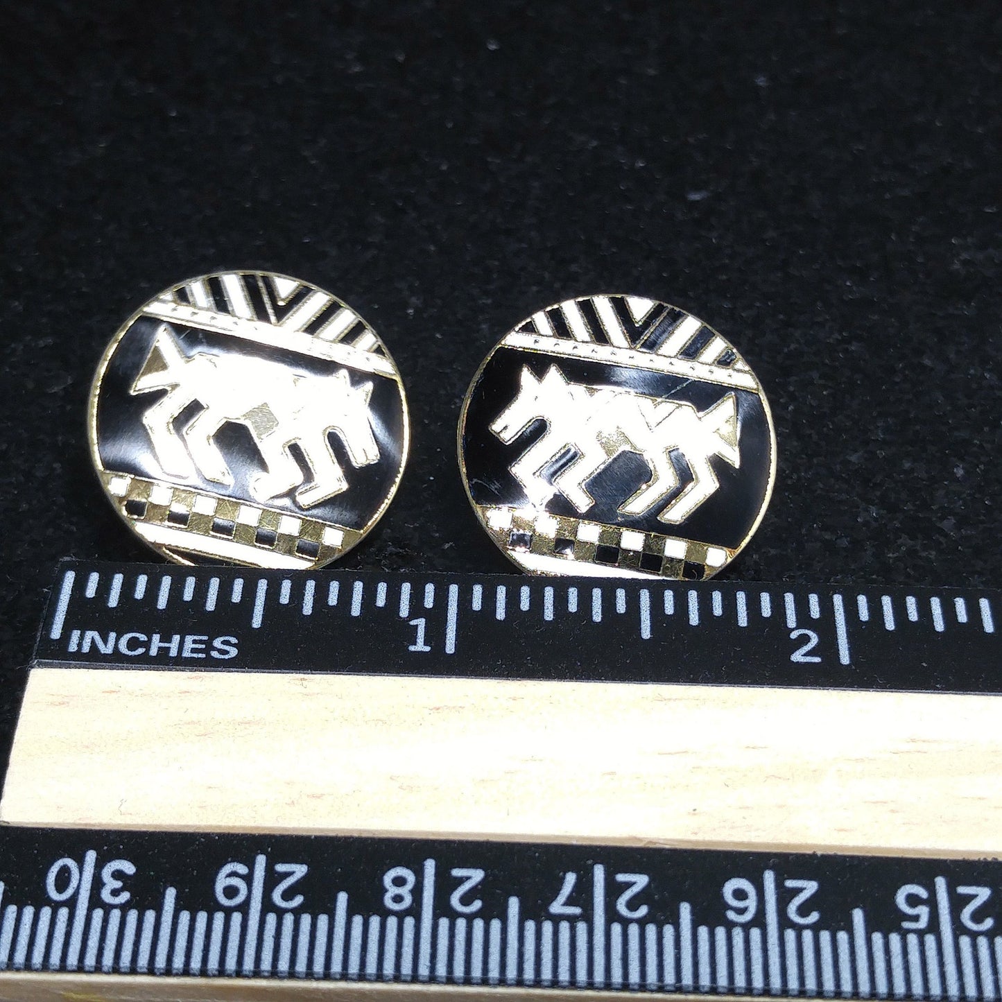 Laurel Burch "Coptic Horse" Earrings, Gold Plated, Black & White Enamel, 1980s