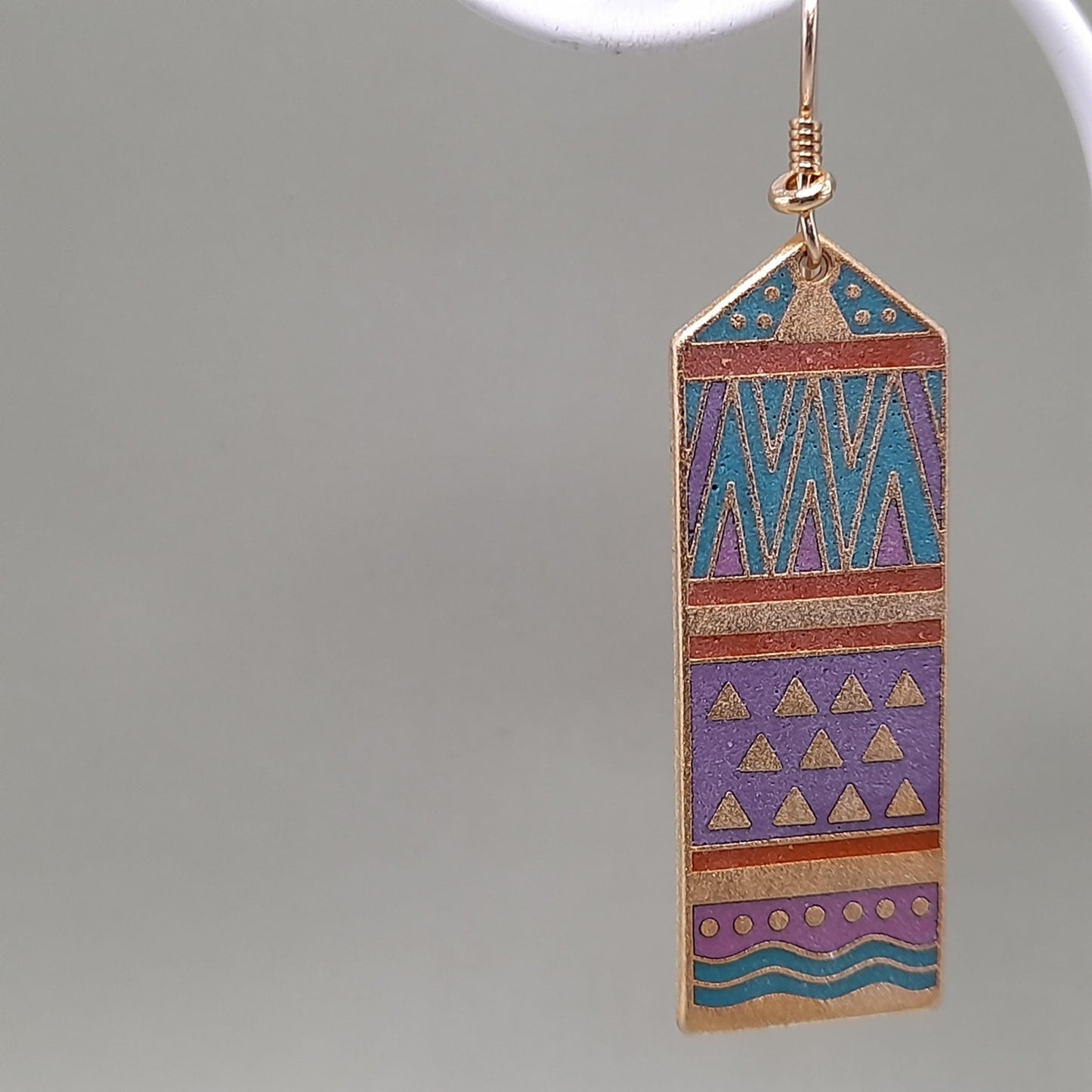 Vintage Laurel Burch "Umbla" Geometric Earrings, 2 3/8 Inch, Gold Plated, 1980s