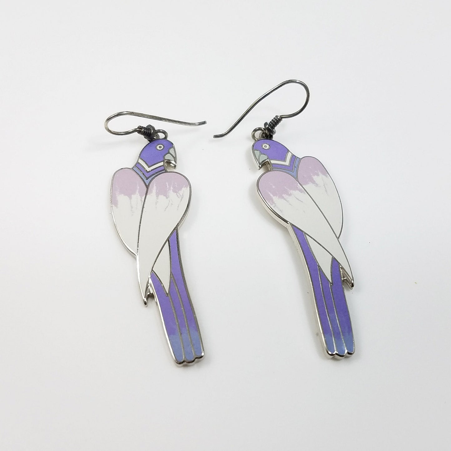 Laurel Burch "Cezanne" Parrot Earrings, Purple Lavender Cream Gray Enamel, Rhodium Plated Cloisonne Parrots, 1980s
