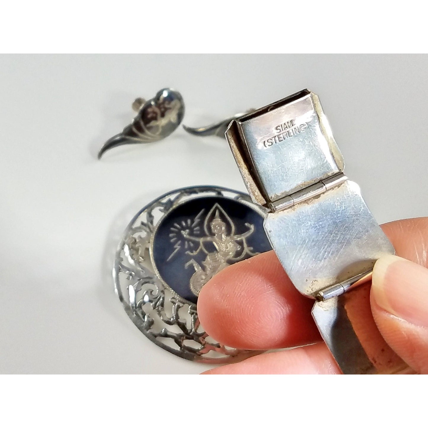 Vintage Siam Sterling Niello Silver Bracelet Brooch Earrings Set Mekkala Goddess