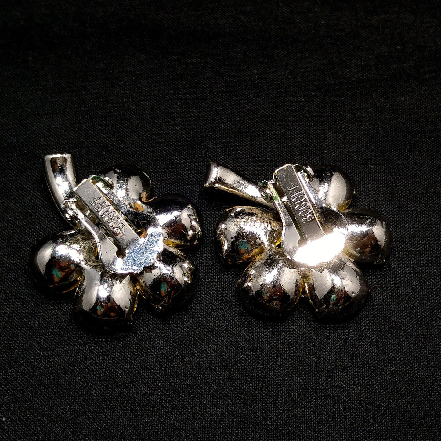 Bogoff Clear Rhinestone Floral Earrings, Rhodium Plated, Wedding Earrings, 1950s Vintage Jewelry