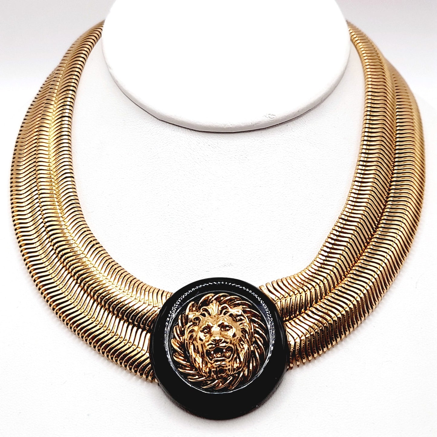 Vintage Lion Head Pendant Double Snake Chain Necklace, 15 Inches