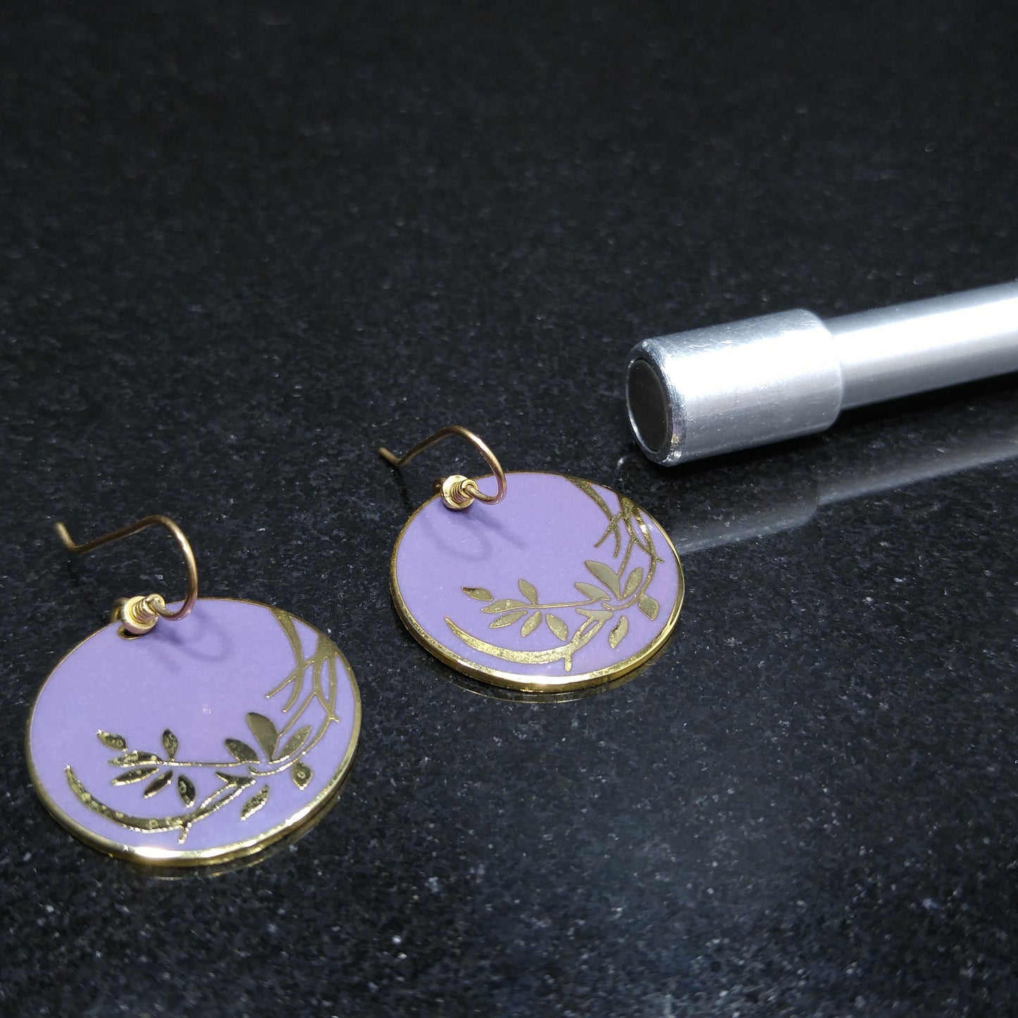 Vintage Laurel Burch Lavender Floral Earrings, Gold Plated Cloisonne
