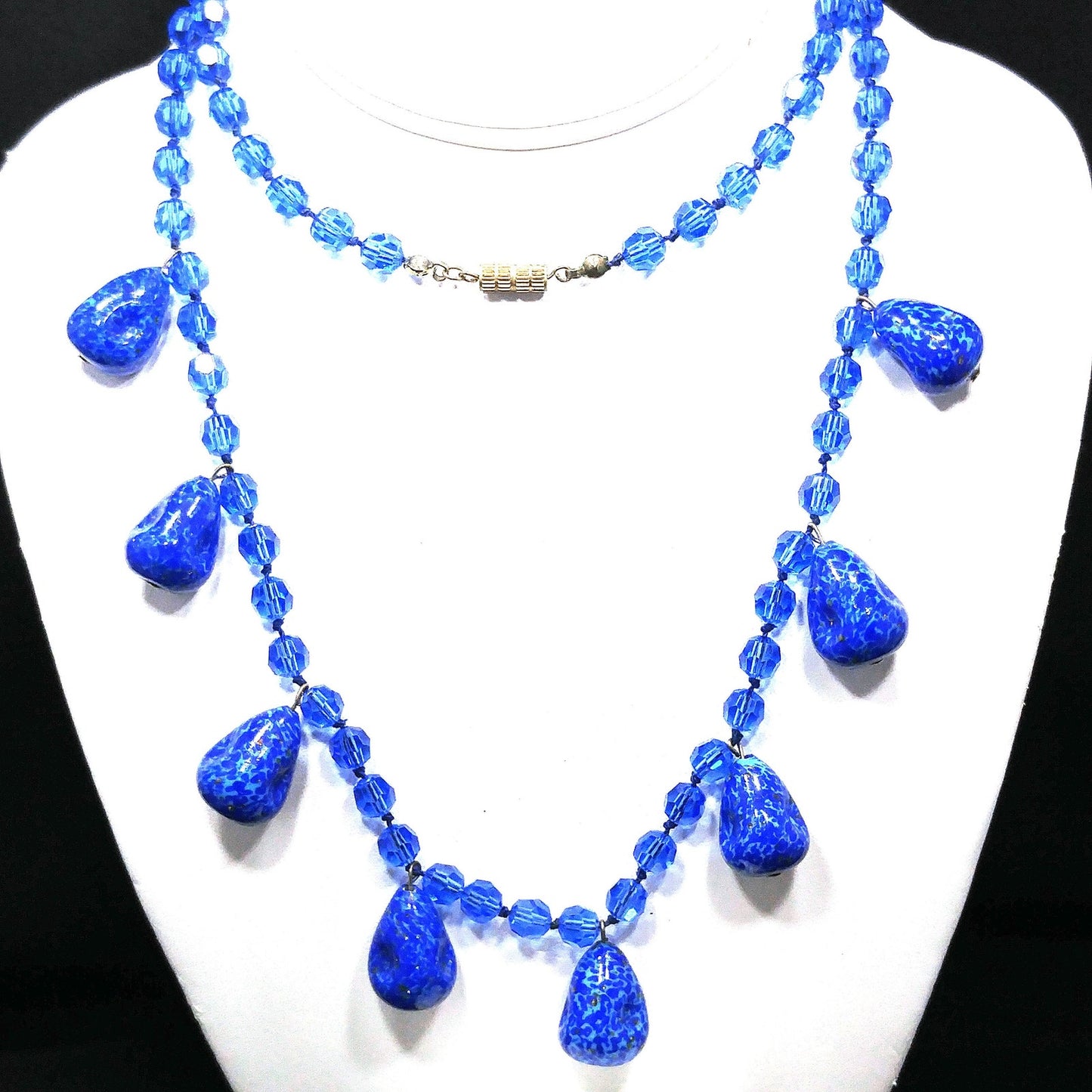 Cobalt Blue Crystal Long Necklace & Earrings, Artisan Jewelry, Faux Lapis Glass, 1940s Vintage Jewelry