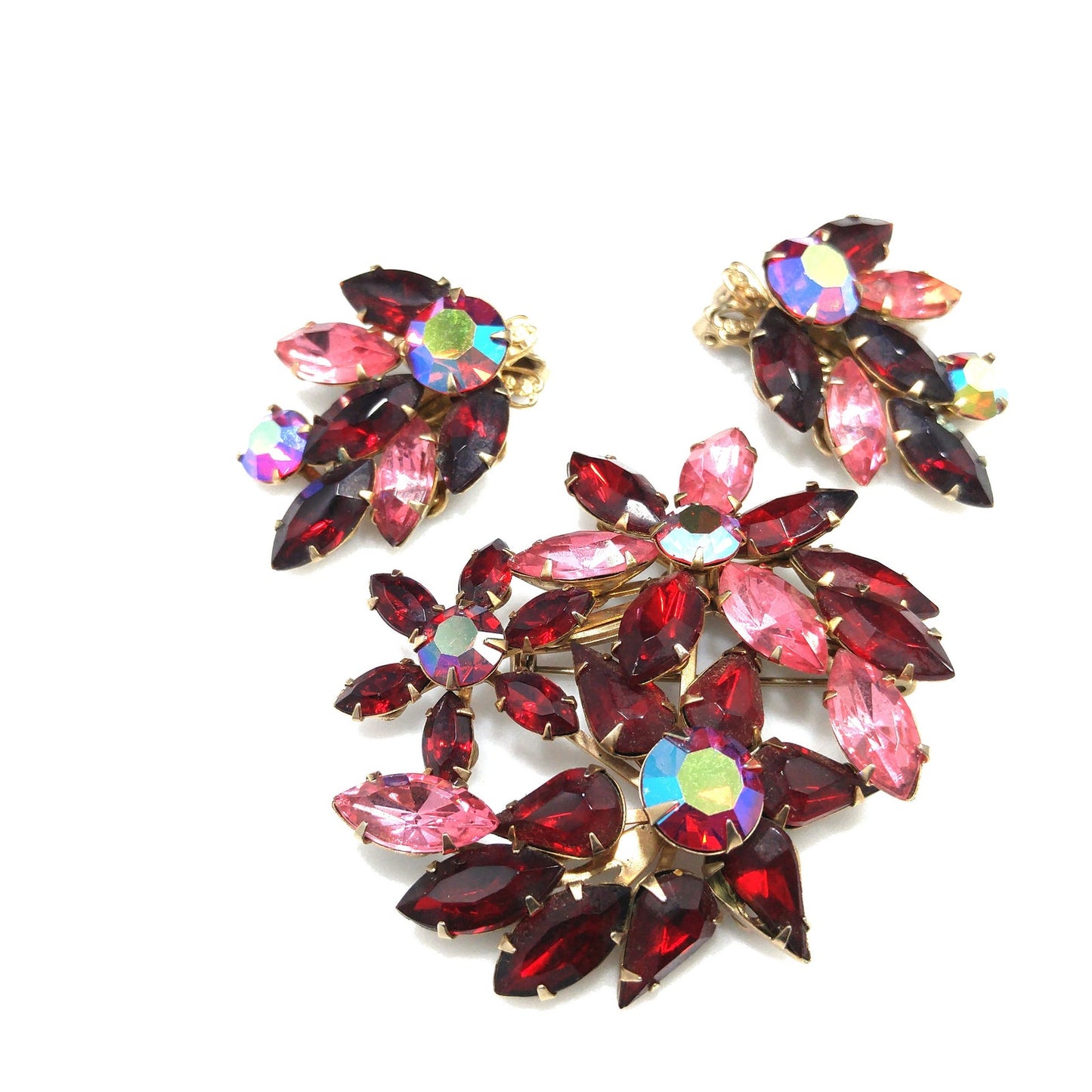 Vintage Beau Jewels Rhinestone Set – 1950s Brooch & Earrings, Red AB Crystals