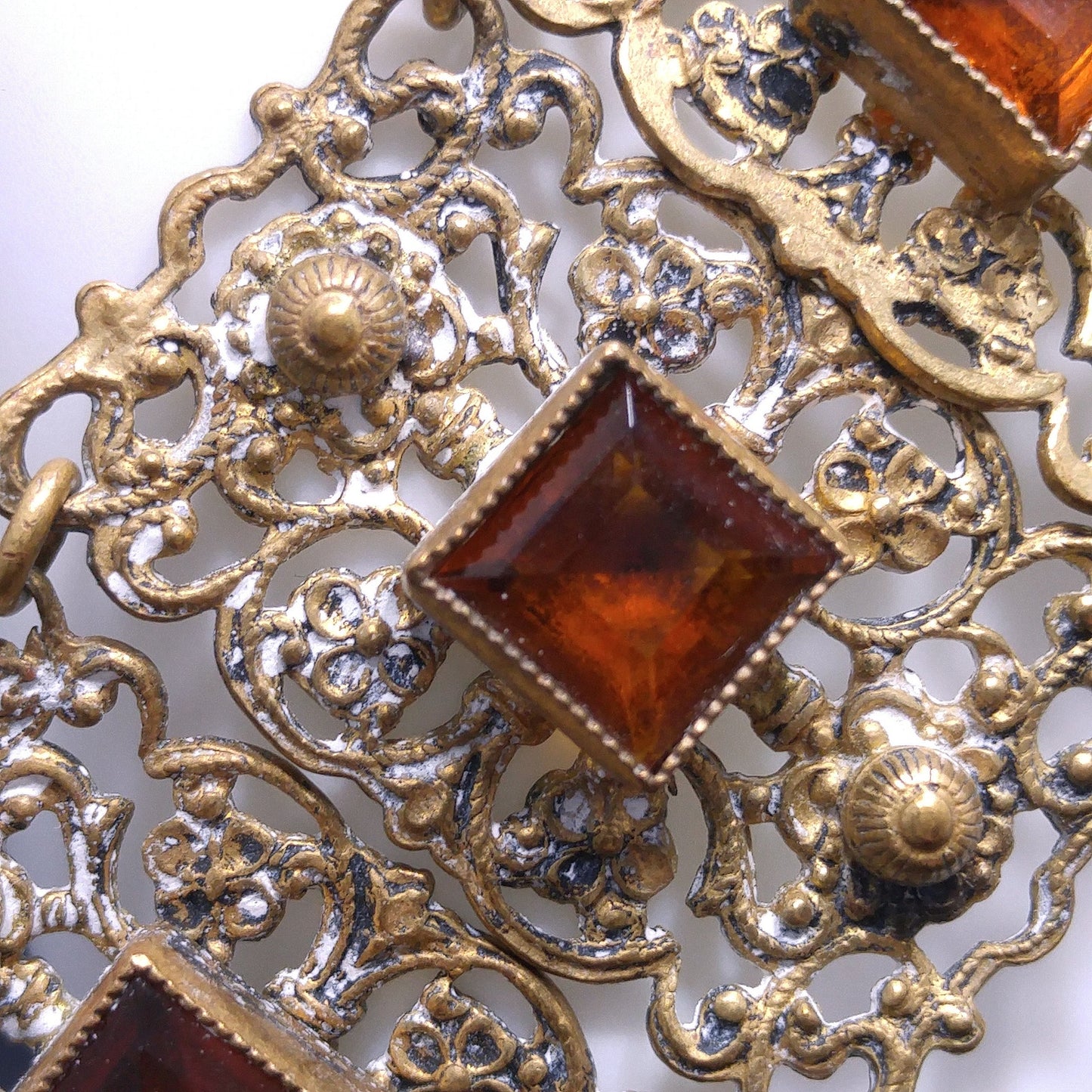 Vintage Filigree Topaz Glass Link Wide Bracelet, Built in Hook On Back, Antique 1920s Vintage Jewelry
