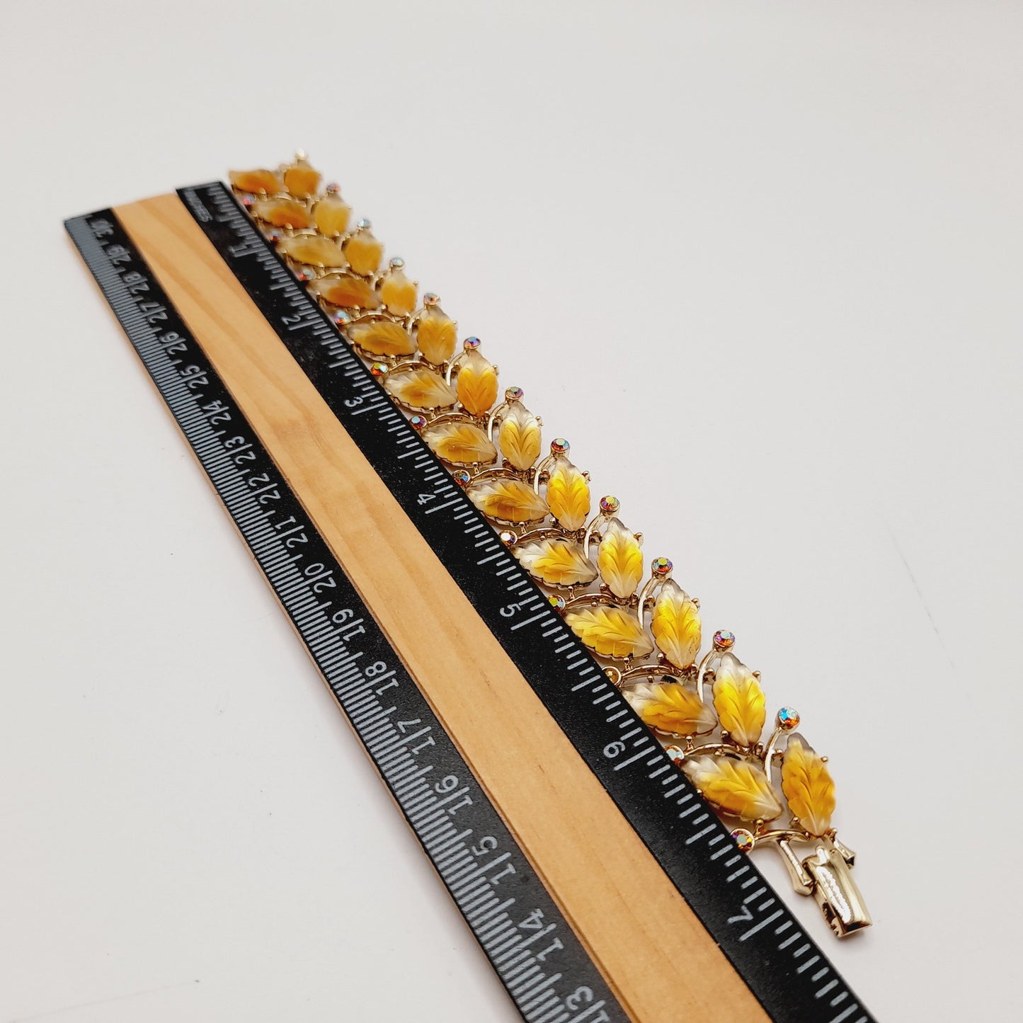 Vintage Kramer Golden Leaf Lucite AB Rhinestone Wide Bracelet