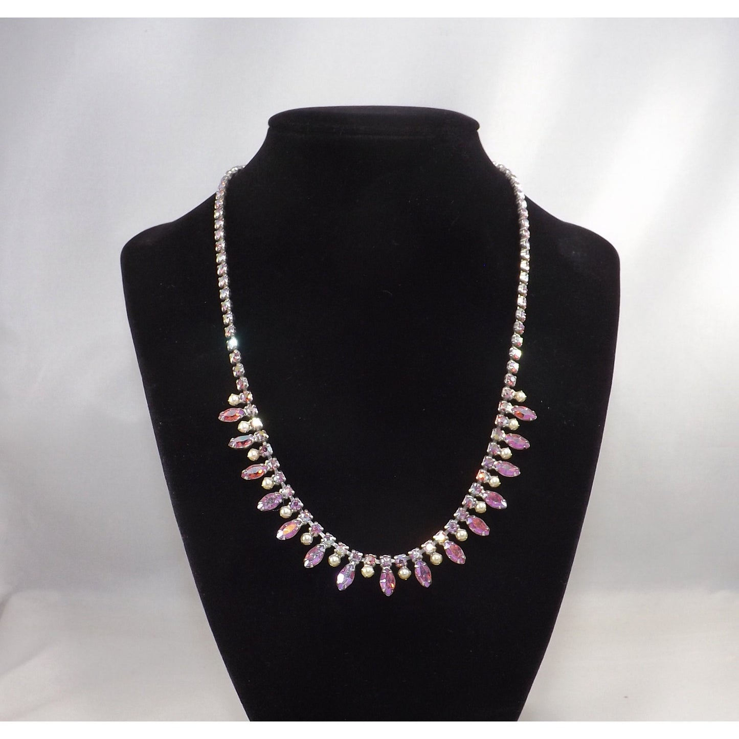 Vintage B. DAVID Pink Red AB Rhinestone Choker Necklace, 1960s, Rhodium Plated