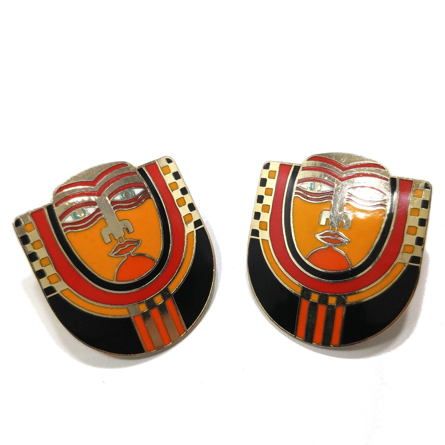 Laurel Burch "Maori" Tribal Face Mask Post Earrings, Cloisonne Enamel, 1980s