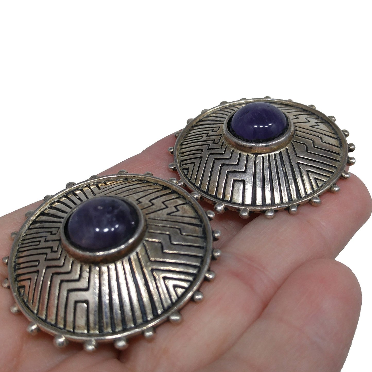 Laurel Burch Amethyst Clip Earrings, Purple Gemstone, Gold Plated, 1980s