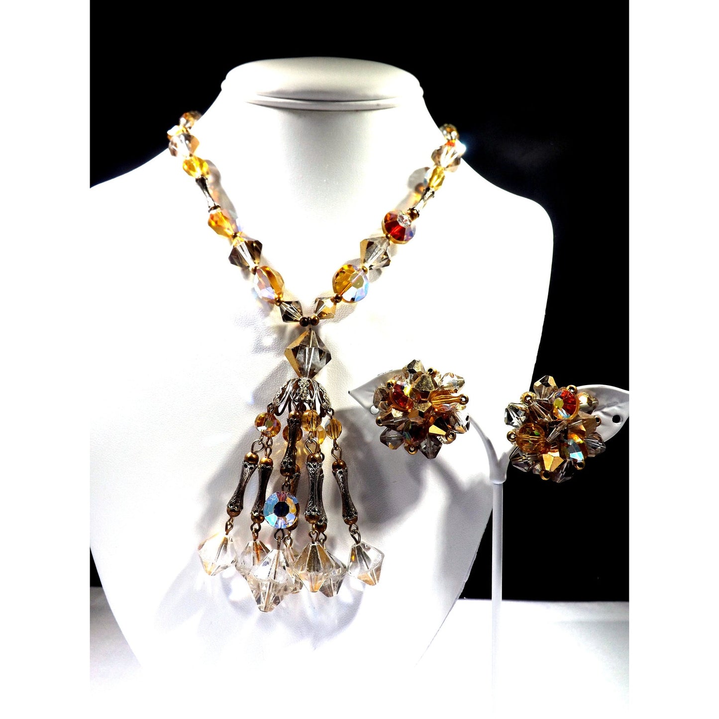 Topaz Crystal Aurora Borealis Gold Filigree Tassel Necklace Earrings, Swarovski Vintage Crystals, 1970s Vintage Jewelry