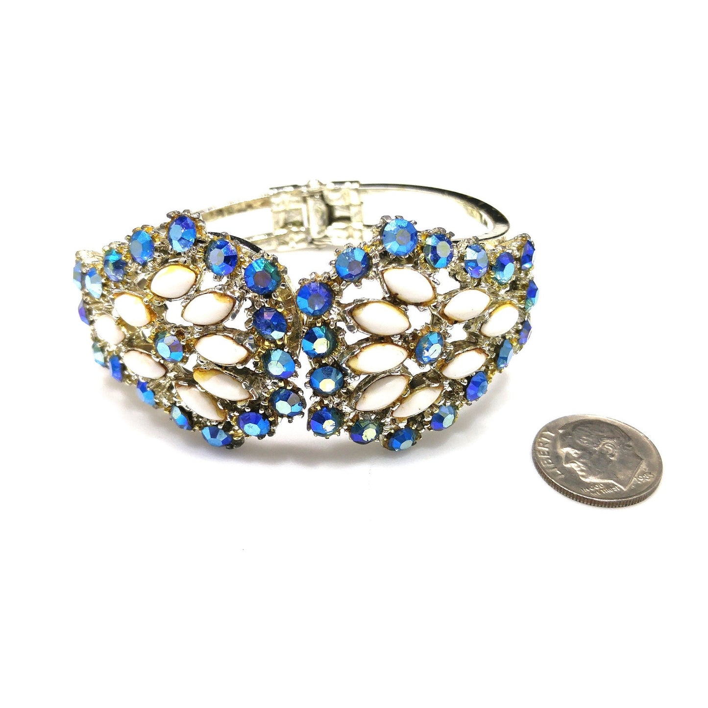 Vintage Blue Aurora Borealis Rhinestone Milk Glass Clamper Bracelet 1960s