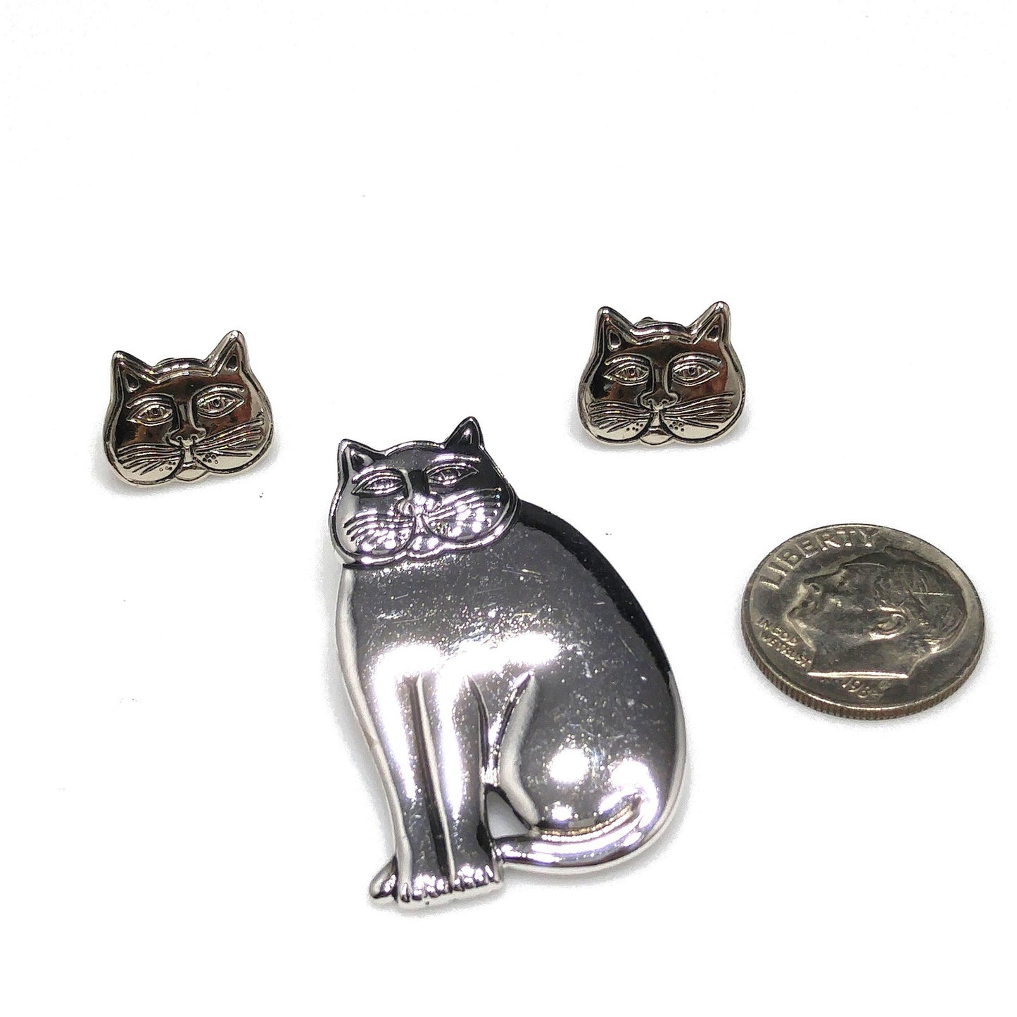 Laurel Burch Cat Brooch & Earrings, Rhodium Plated, 1980s Vintage Jewelry
