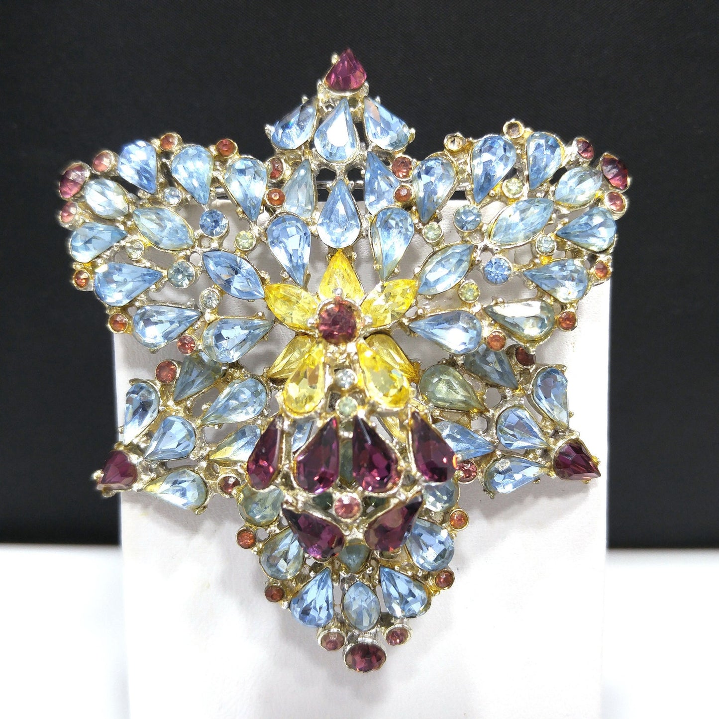 Mid Century Large Rhinestone Orchid Brooch, Light Blue Purple Rhinestones, 1960s Vintage Jewelry