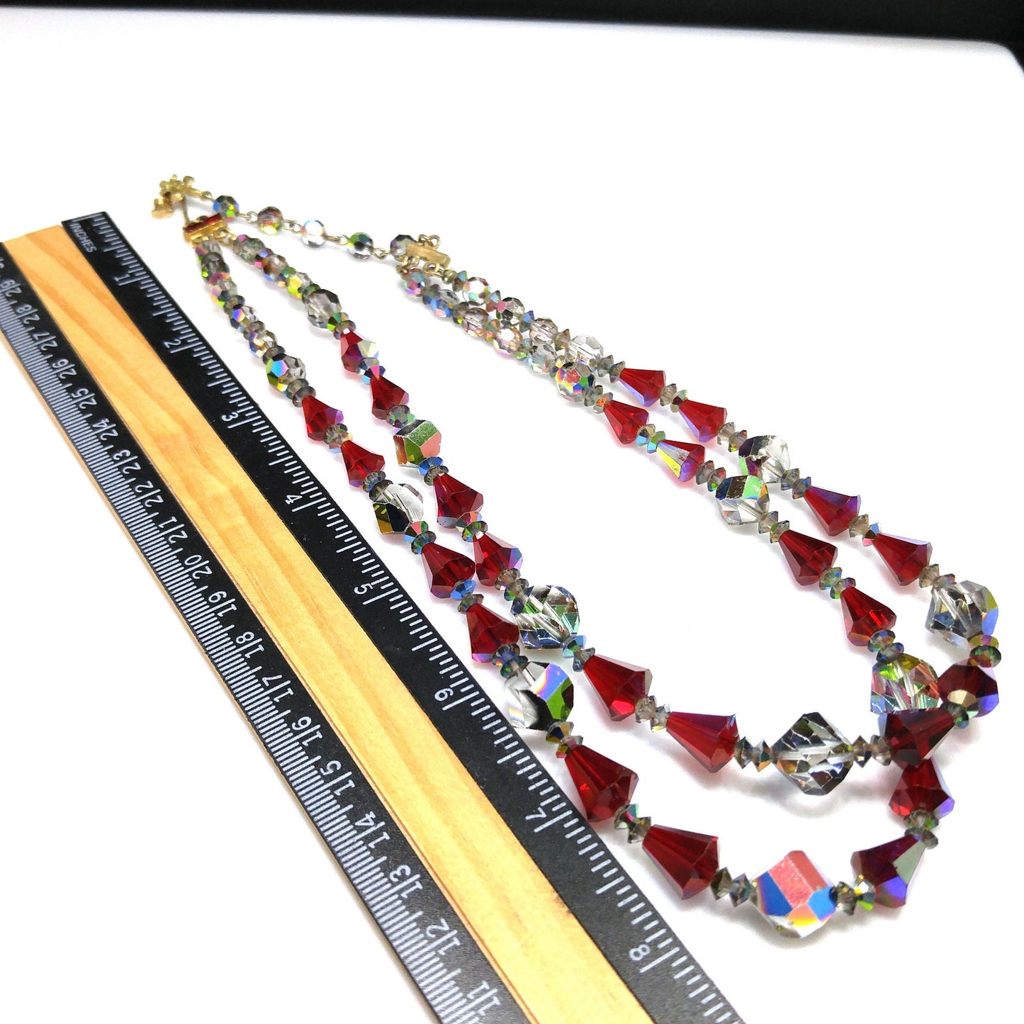 Vendome Red Crystal Two Strand Necklace, Aurora Borealis, 1960s Vintage Jewelry