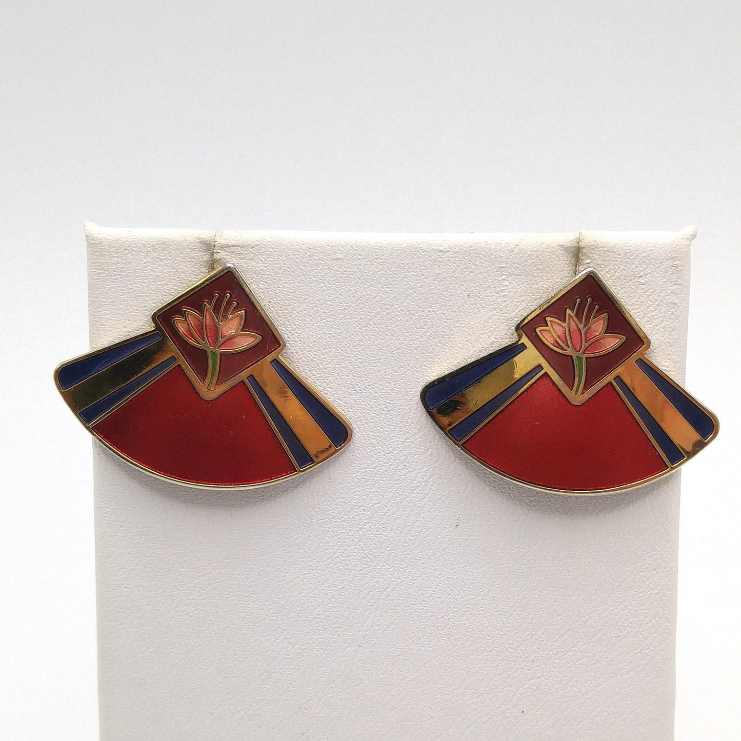 Vintage Laurel Burch "Water Lily" Post Earrings, Gold Plated, Enamel Red Purple