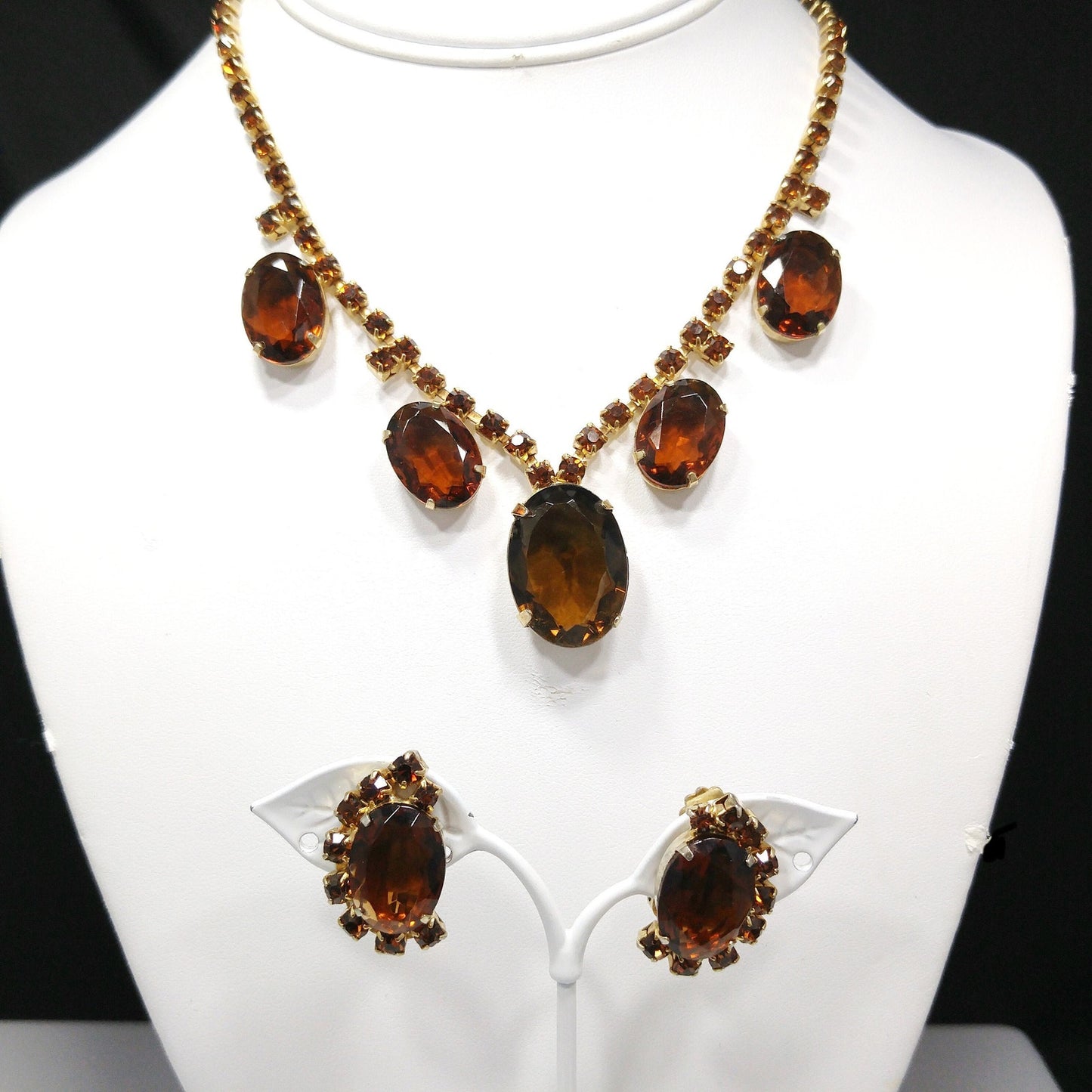 Vintage Topaz Rhinestone Necklace & Earrings, Large Faceted Rhinestones, 1960s Vintage Jewelry
