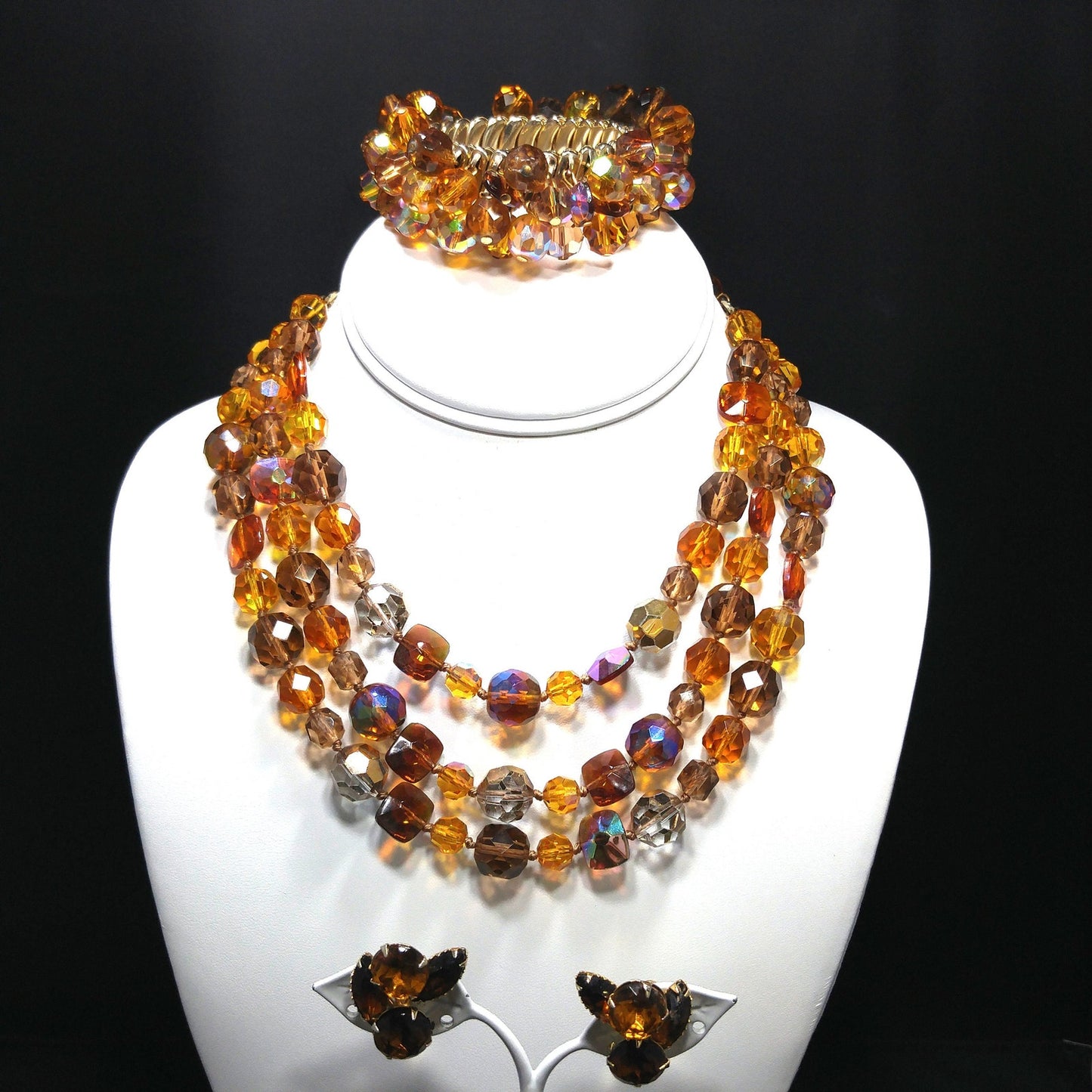 Topaz Crystal Necklace Bracelet Earrings Set, Aurora Borealis, 1960s Vintage Jewelry