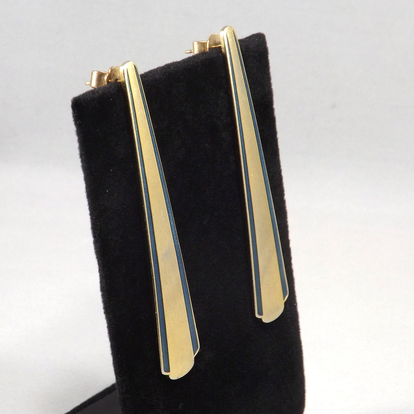 Laurel Burch Blue Enamel Long Post Earrings, Gold Plated, 1980s Vintage Jewelry