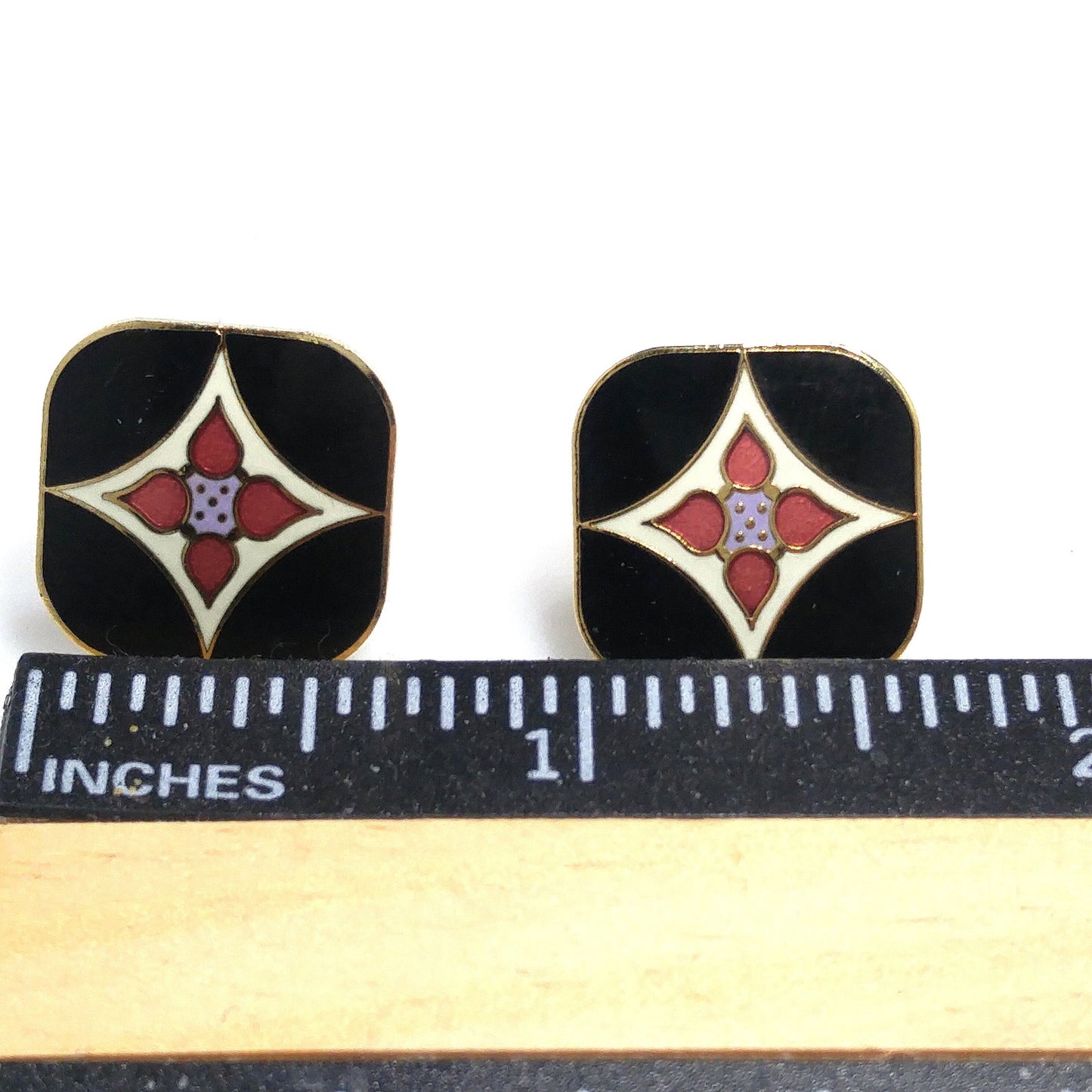 Vintage Laurel Burch "Minya" Post Earrings, Gold Plated, Enamel Cloisonne, 1980s