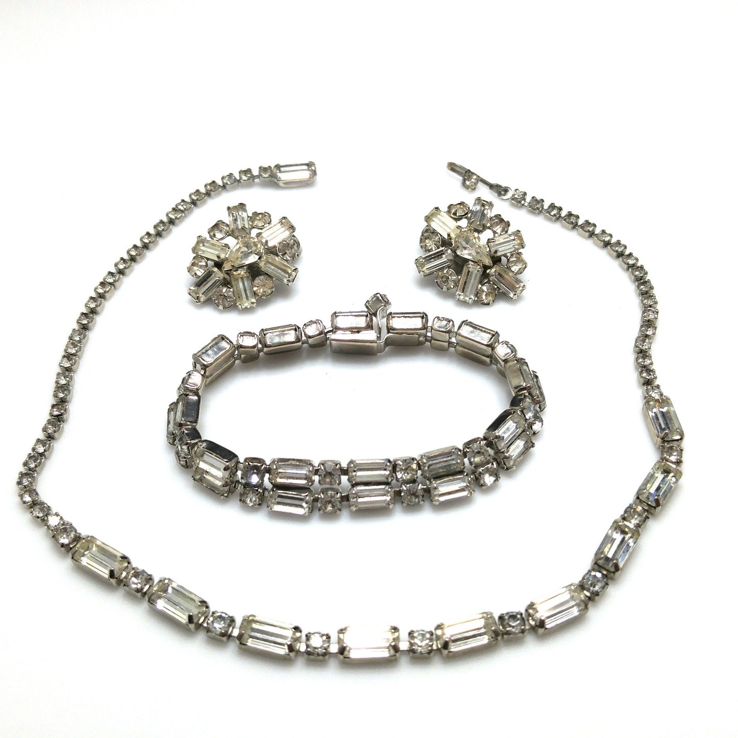 Vintage Weiss Earrings Bracelet & Necklace, Clear Rhinestones, Rhodium Plated