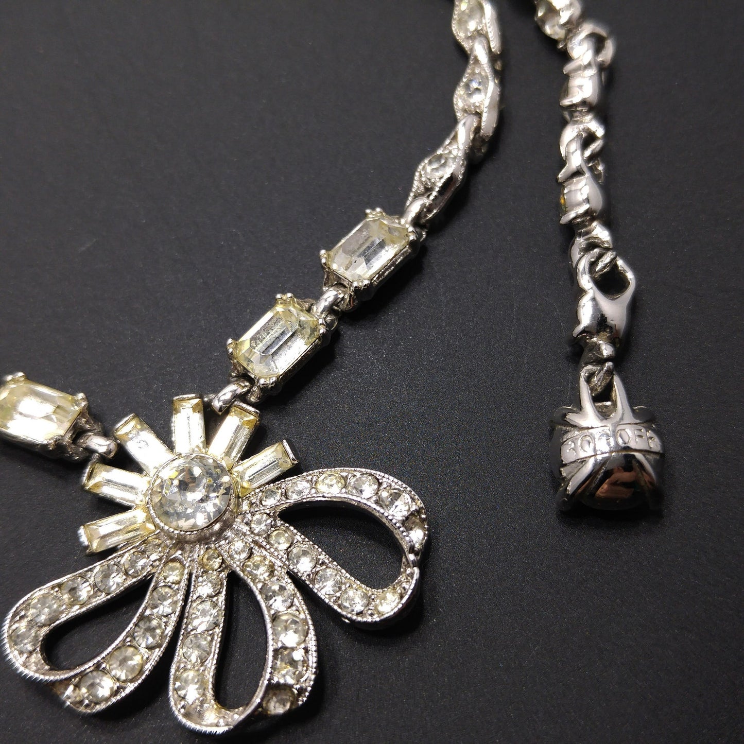 Bogoff Clear Rhinestone Pendant Choker Necklace, Rhodium Plated, 1950s Vintage