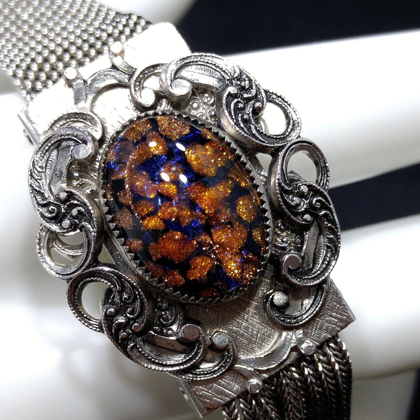 Whiting & Davis Co. Mesh Glitter Glass Bracelet, Adjustable Slide Clasp, 1950s Vintage Jewelry