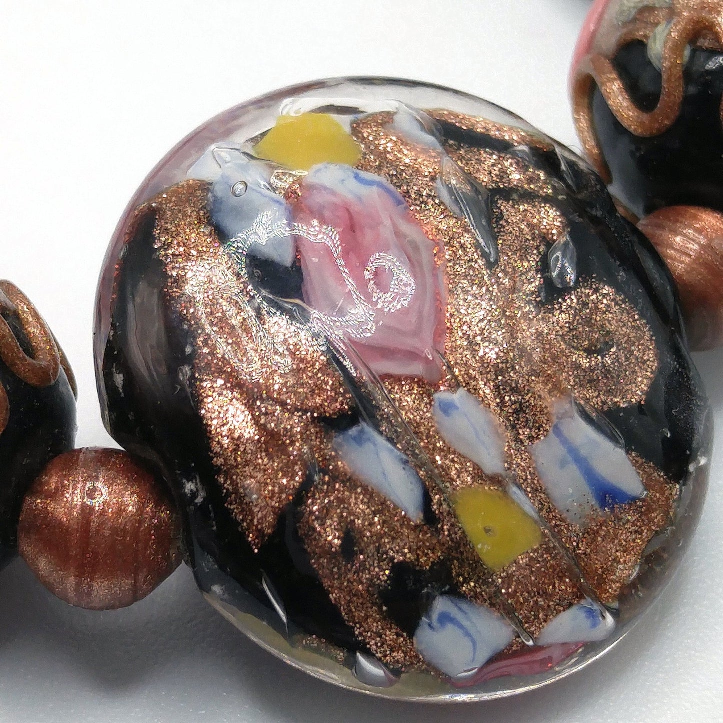 Vintage Italian Wedding Cake Glass Necklace, Black Gold Copper Venetian Lampwork Beads, 1940s Vintage Jewelry