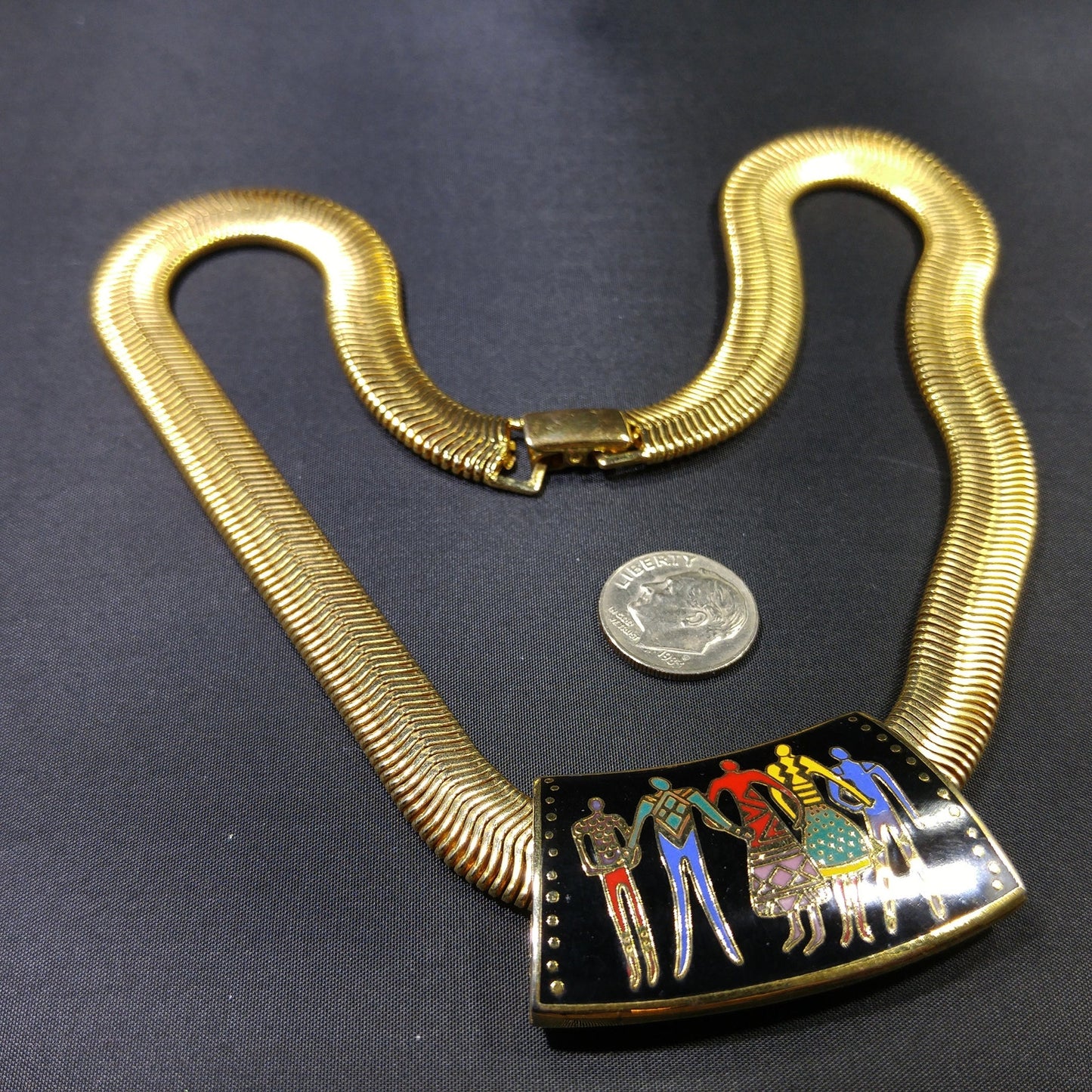 Laurel Burch "Familia" Cloisonne Necklace, Gold Plated Omega Chain, 1980s Vintage Jewelry