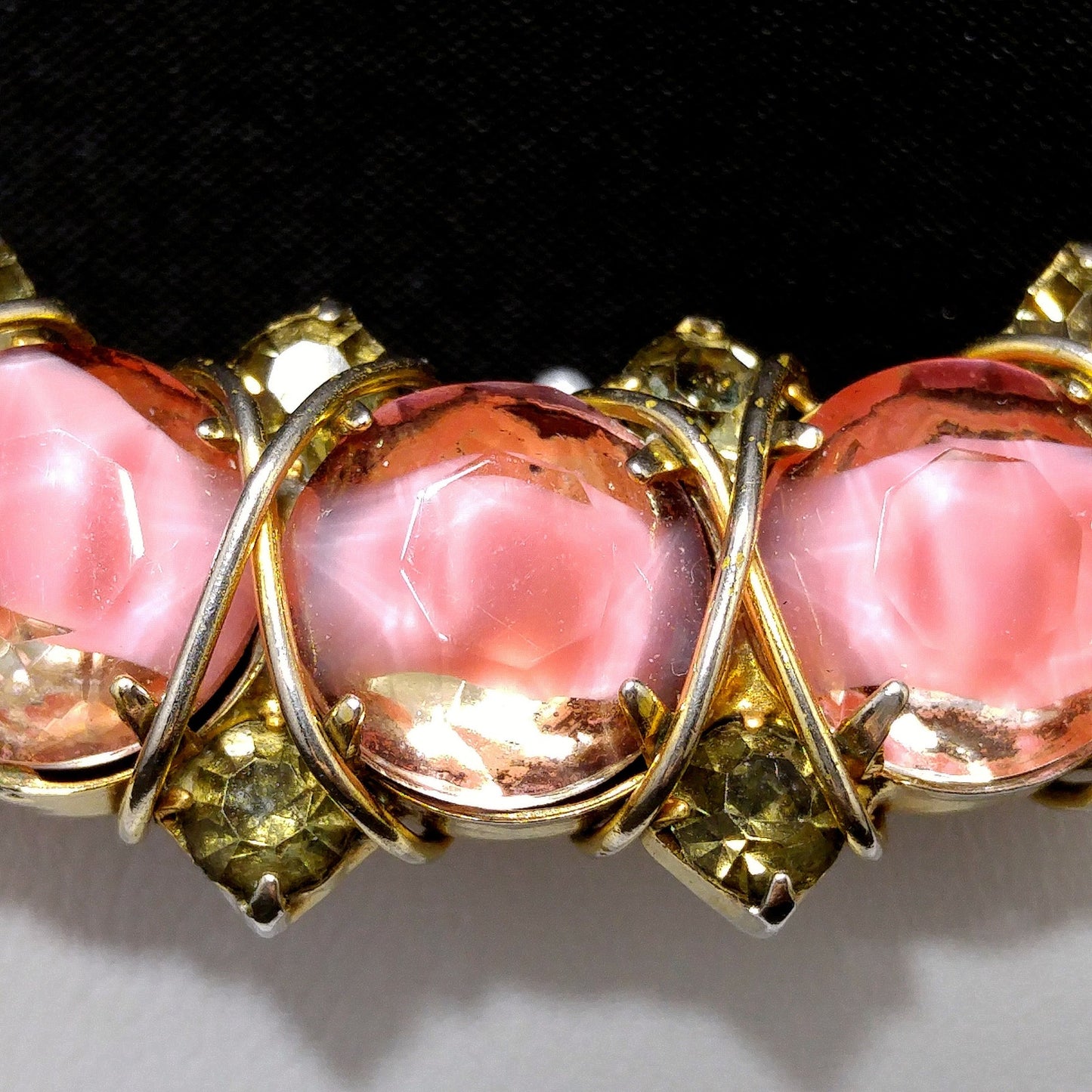 Hattie Carnegie Pink Art Glass Brooch, Gold Plated, Wire Wrapped, 1960s Vintage Jewelry