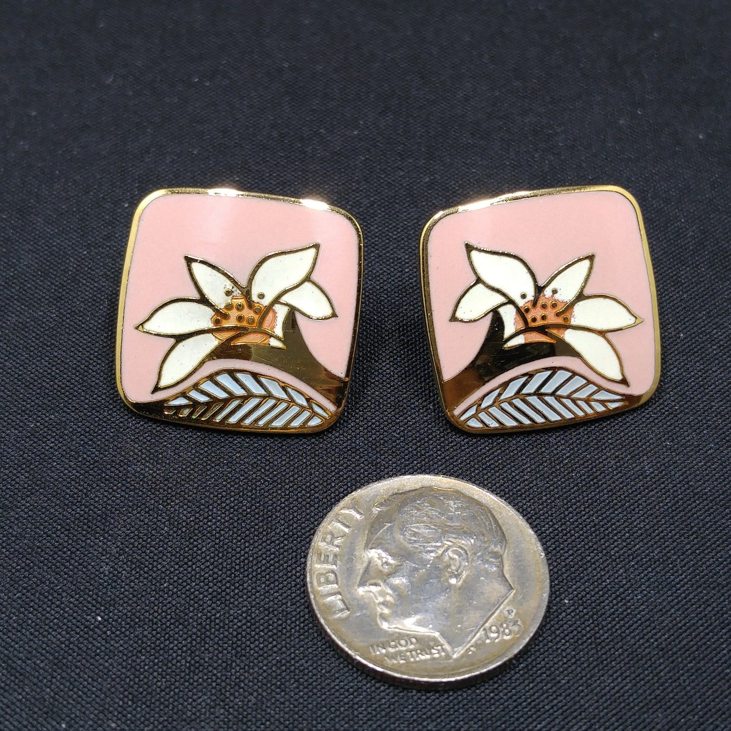 Vintage Laurel Burch "Wild Lily" Pink Post Earrings, Cloisonne Gold Plated