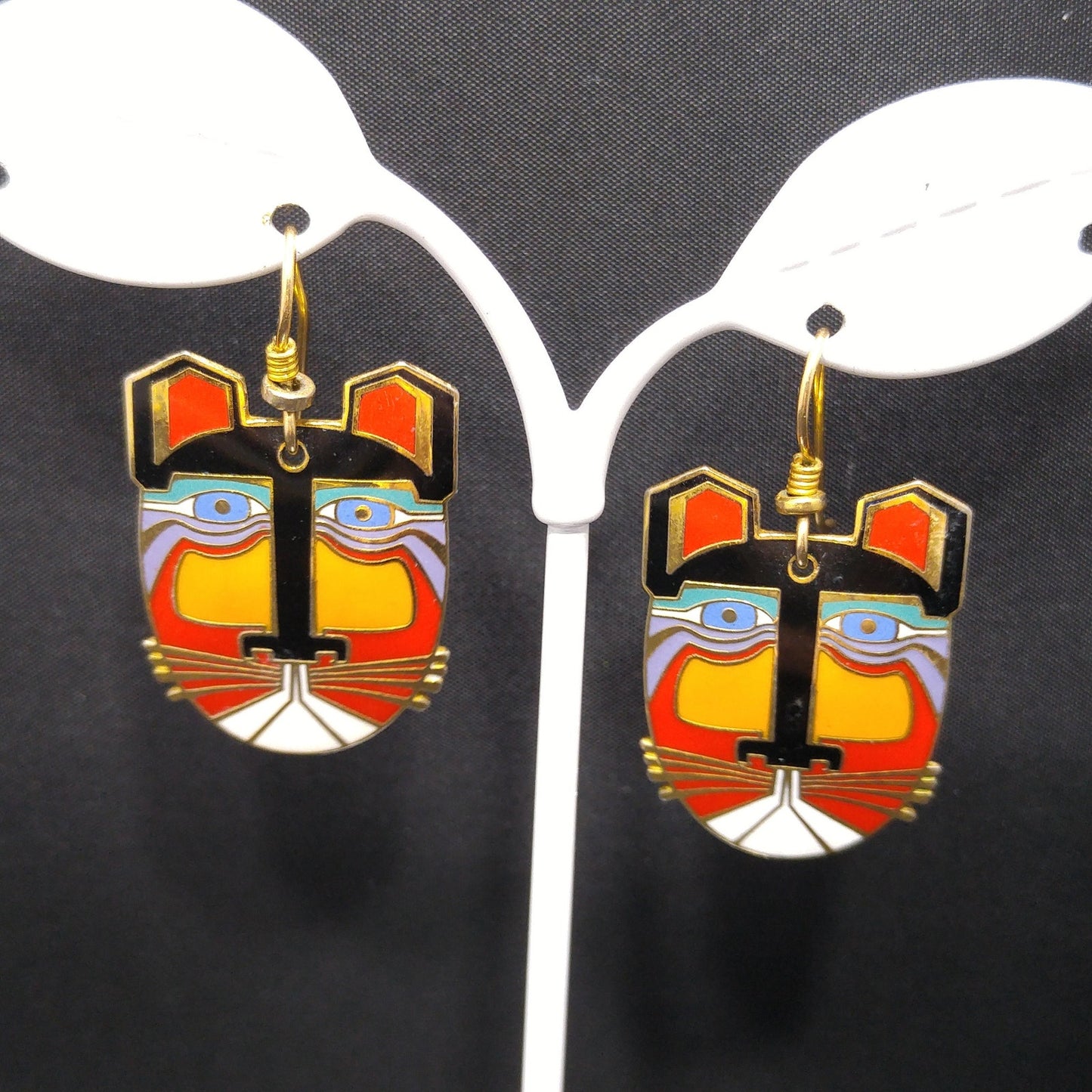 Laurel Burch "Miikio" Earrings, Gold Plated Enamel Large Cat Faces, 1980s Vintage Jewelry