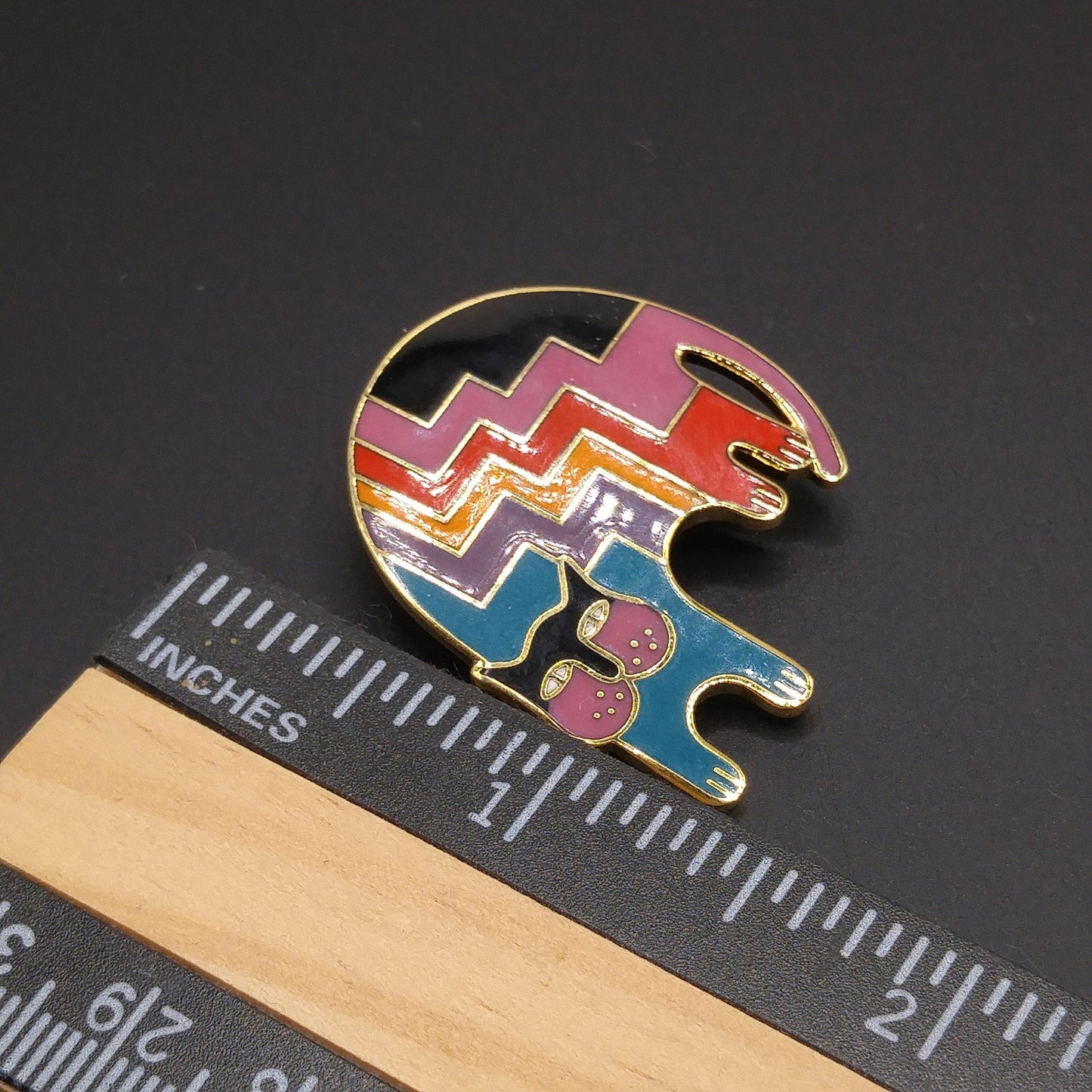 Laurel Burch "Aztec Cat" Brooch, Gold Plated, Rainbow Enamel, 1980s Vintage Jewelry
