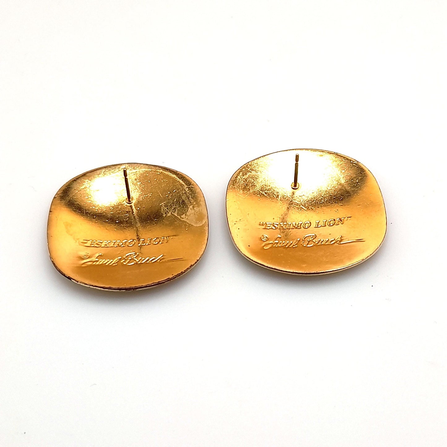 Laurel Burch "Eskimo Lion" Earrings, Black Enamel, Gold Plated, 1980s Vintage