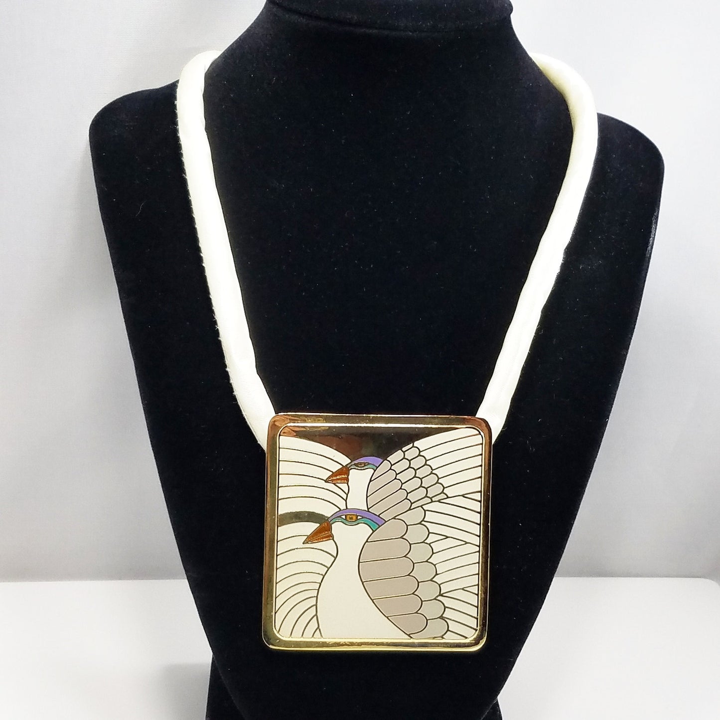 Vintage Laurel Burch "Moon Doves" Pendant Necklace, Gold Plated Cloisonne