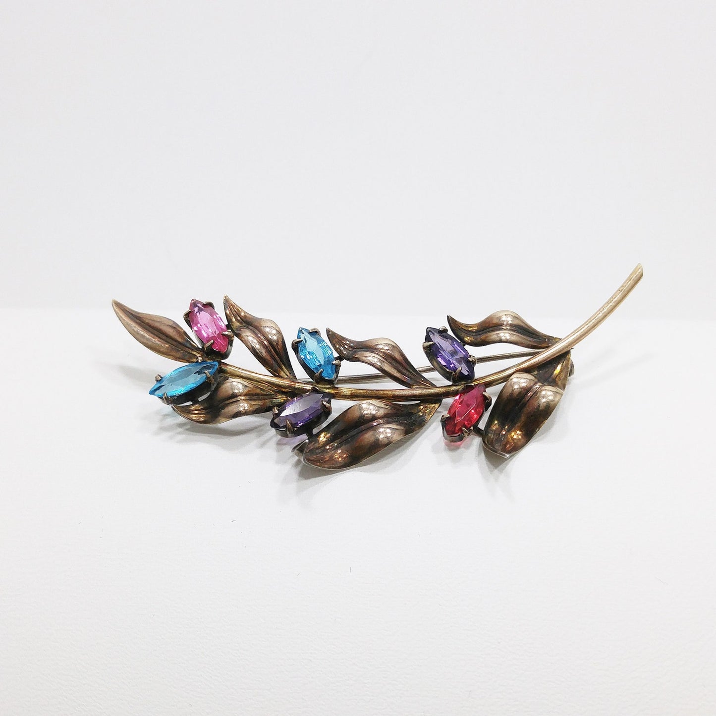 Symmetalic Sterling & 14K Gold Brooch, Rhinestone Accents, 1940s Vintage Jewelry