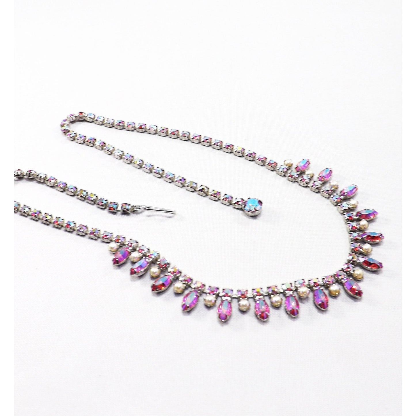 Vintage B. DAVID Pink Red AB Rhinestone Choker Necklace, 1960s, Rhodium Plated