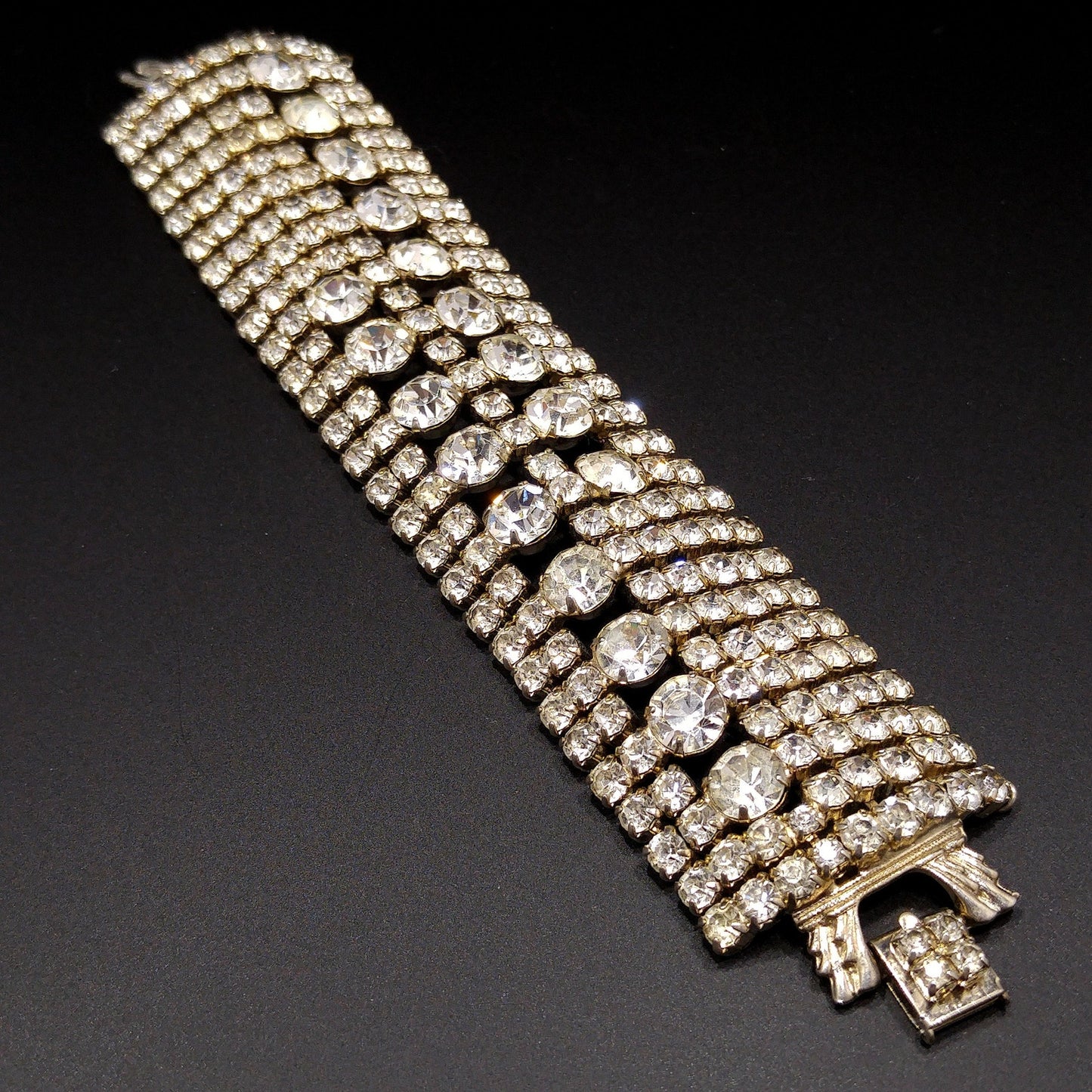 Mid Century Clear Rhinestone Wide Bracelet, 22K Gold Plate, 1950s Vintage Jewelry