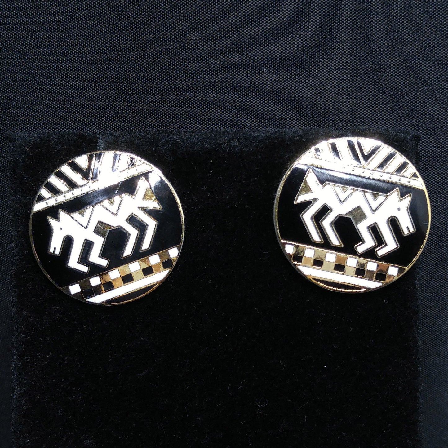 Laurel Burch "Coptic Horse" Earrings, Gold Plated, Black & White Enamel, 1980s