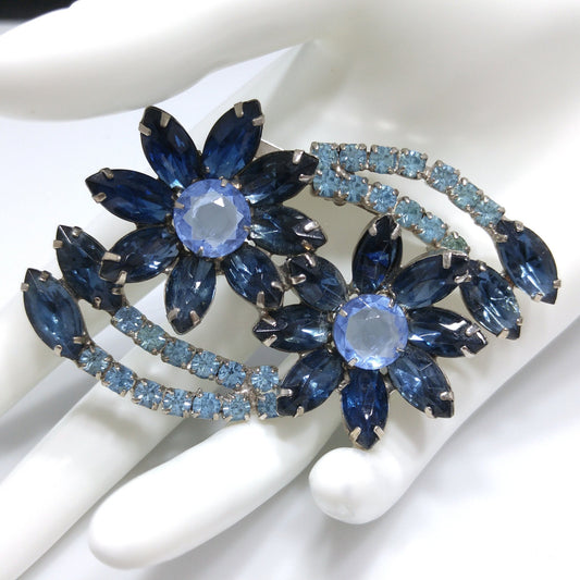 Blue Rhinestone Floral Brooch, Rhodium Plated, 1960s Vintage Jewelry