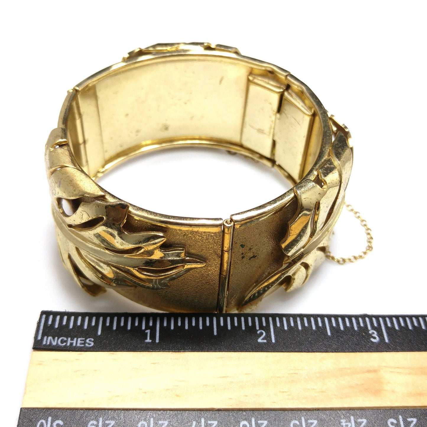 Whiting & Davis Gold Plated Leaf Bracelet, Hinged Wide Clamper, 1950s Vintage Jewelry